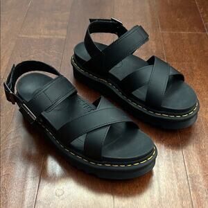 Dr Martens Voss II Black Strappy Platform Sandals with Yellow Stitching, Size 11